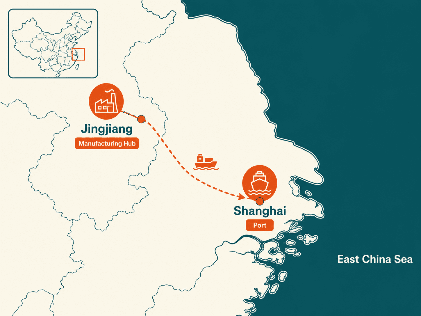 Map of Jingjiang, Jiangsu relative to Shanghai port and the Yangtze River Delta